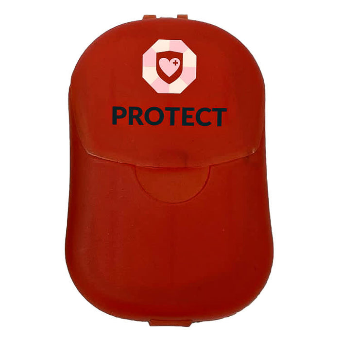 Soapy - A red protective case featuring a logo on the front and a clasp closure.