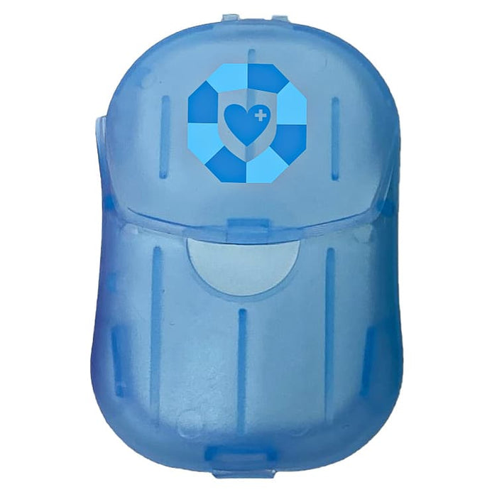 Soapy - A blue plastic container with a logo on top, featuring a rounded shape and a clasp closure.
