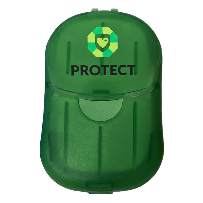 Soapy - A green container with a logo on the front, featuring a hinged lid and a smooth surface.