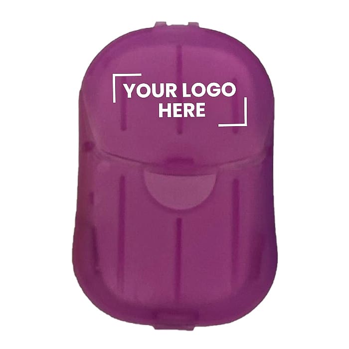 Soapy - A purple drink bottle with a rounded design and a secure lid, featuring a space for a logo.