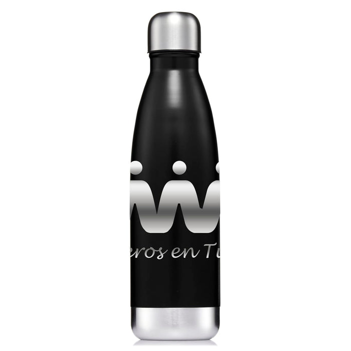 Classic 500ml Water Bottle - A drink bottle in matte black with a stainless steel cap and a logo on the front.