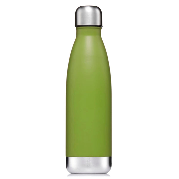 Classic 500ml Water Bottle - A drink bottle in a matte green finish with a stainless steel top and base, featuring a logo.