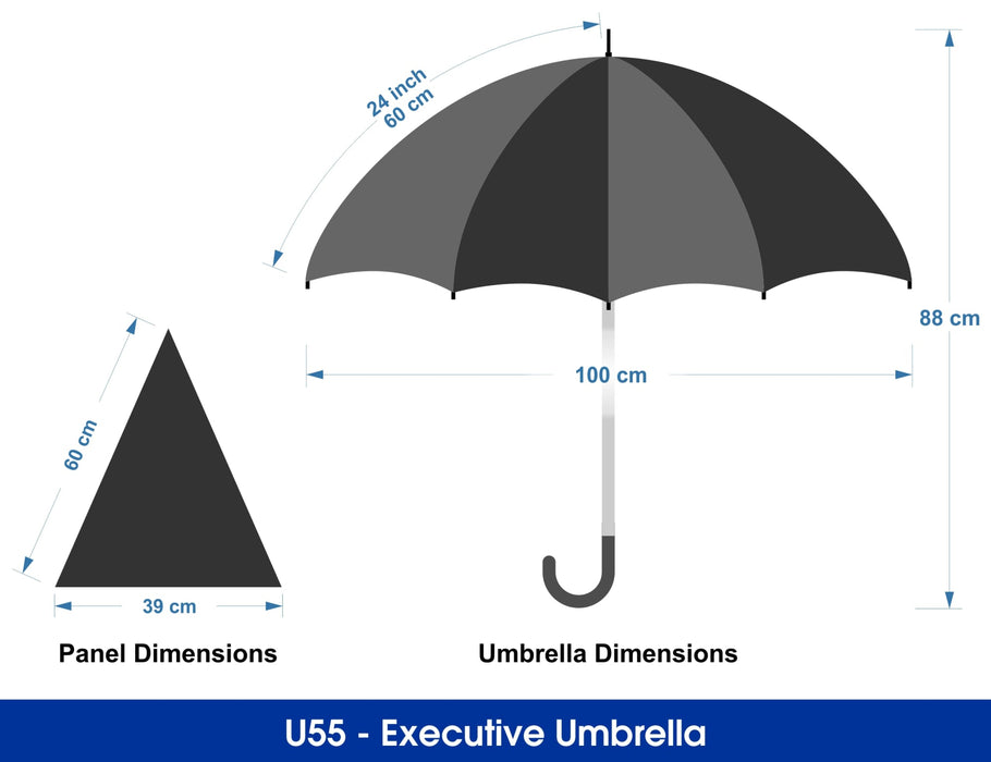 Executive Umbrella 24" - A black and grey 24-inch executive umbrella with dimensions and a triangular panel shown alongside.