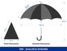 Executive Umbrella 24" - A black and grey 24-inch executive umbrella with dimensions and a triangular panel shown alongside.