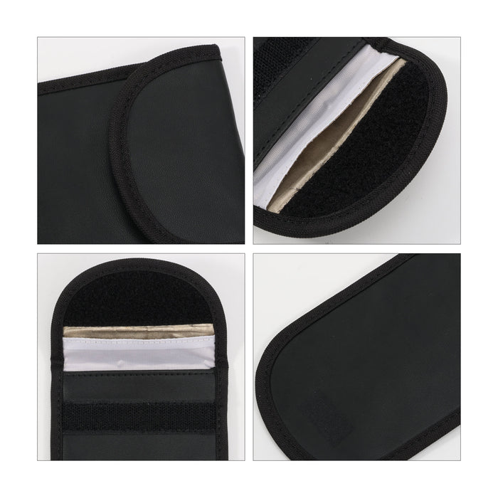 PU Faraday Signal Blocking Pouch - A black PU Faraday signal blocking pouch with a Velcro closure and interior lining visible. Includes various angles of the pouch.