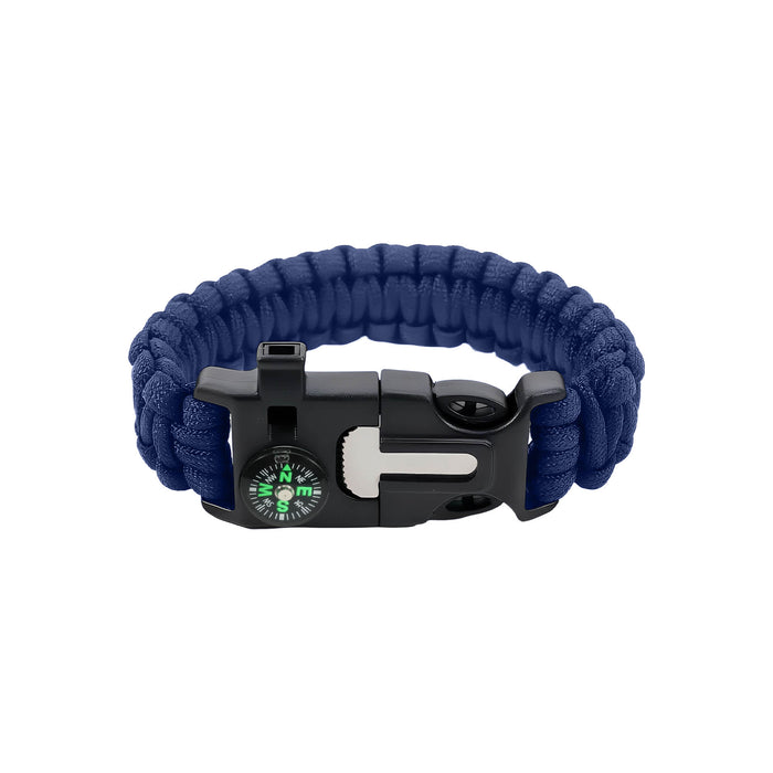 5 in 1 Survival Bracelet - A navy blue survival bracelet featuring a compass, fire starter, whistle, and paracord design. It includes a black clasp.