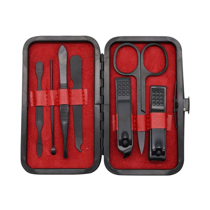 Mall Manicure set - A black manicure set with red lining, containing scissors, clippers, tweezers, and various nail tools, presented in a compact case.