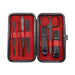 Mall Manicure set - A black manicure set with red lining, containing scissors, clippers, tweezers, and various nail tools, presented in a compact case.