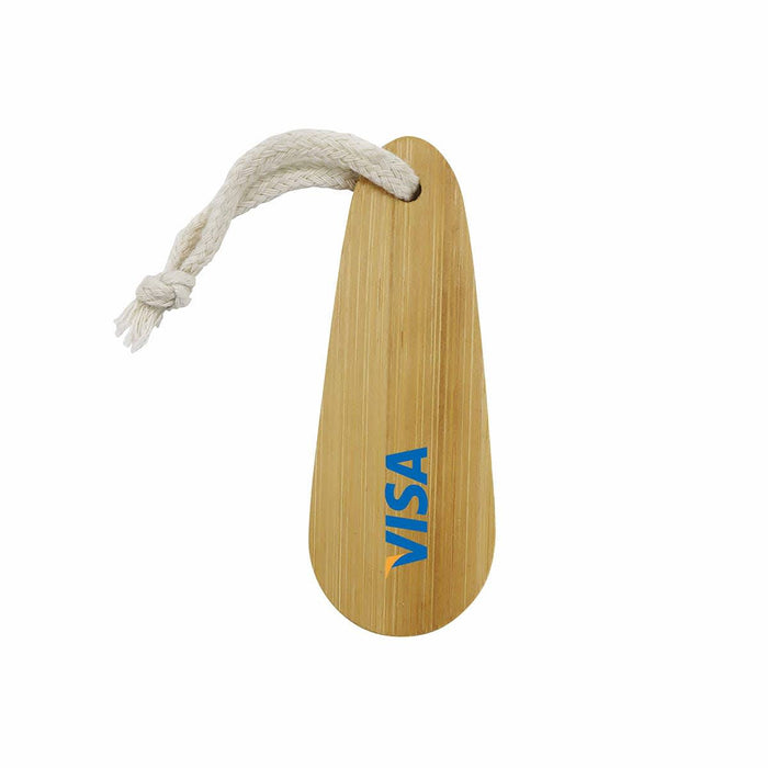 Bamboo Paddle Nail File - A bamboo paddle nail file with a rope handle and a logo, showcasing a natural wood colour.