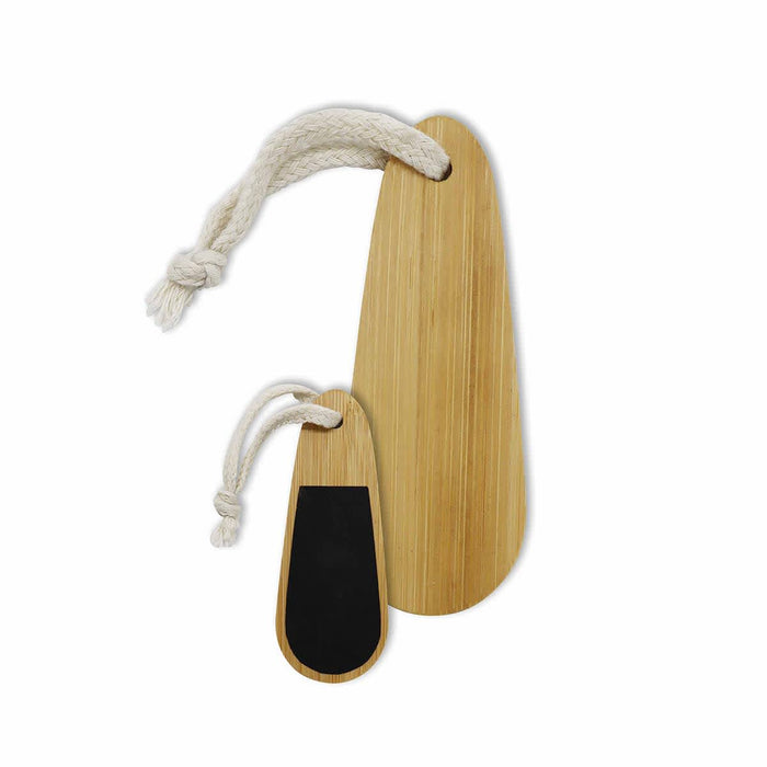 Bamboo Paddle Nail File - Bamboo paddle nail files in two sizes, featuring a smooth bamboo surface and a rope handle.