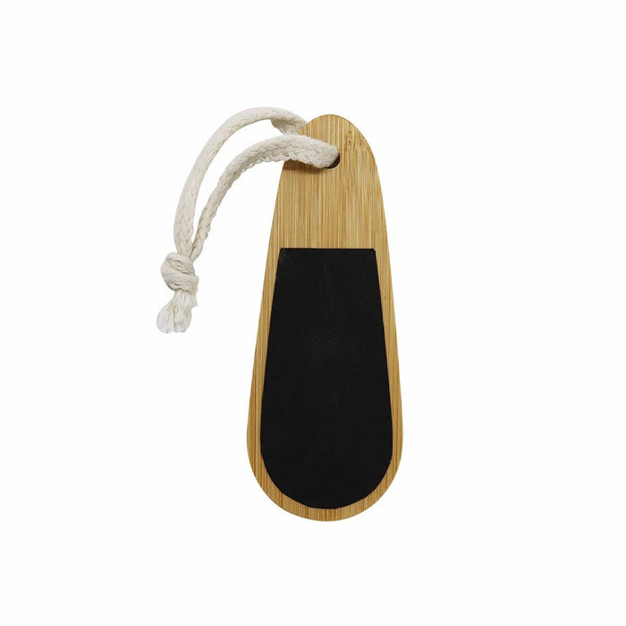 Bamboo Paddle Nail File - A bamboo paddle nail file featuring a black abrasive surface and a decorative rope loop.