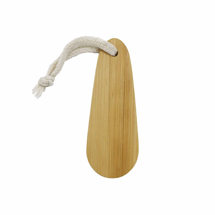 Bamboo Paddle Nail File - A bamboo paddle nail file with a light brown finish and a hanging rope. It has a smooth, oval shape.