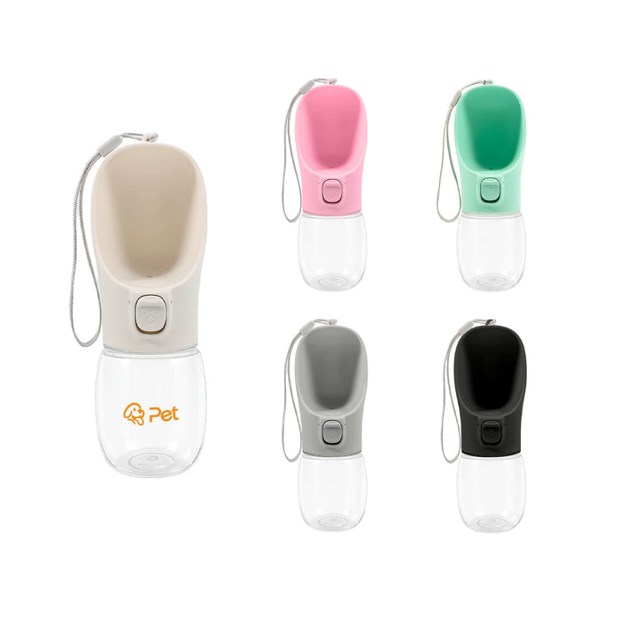 300ml Portable Pet Water Bottle - A drink bottle for pets in pink, mint, grey, black, and beige, featuring a logo and a leash attachment.