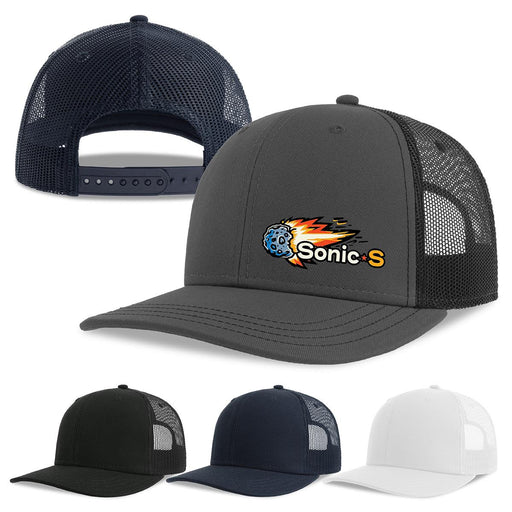Sonic-S Organic/Recycled Trucker - A grey organic/recycled trucker cap with a mesh back, featuring a logo, available in black, navy, and white options.