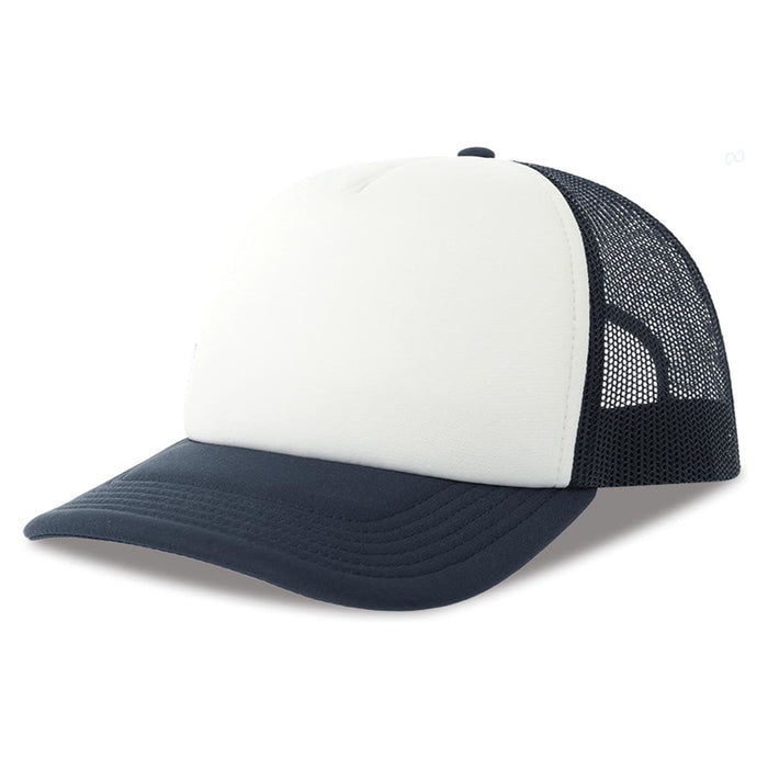 Rapper-S Recycled Polyester - A trucker cap with a white front panel and navy blue brim and mesh sides, featuring a logo.