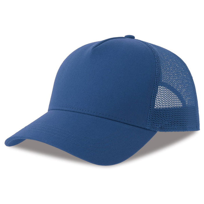 Rapper Cotton-S Organic/Recycled - A blue trucker cap made from organic and recycled materials, featuring a mesh panel and a branding logo.