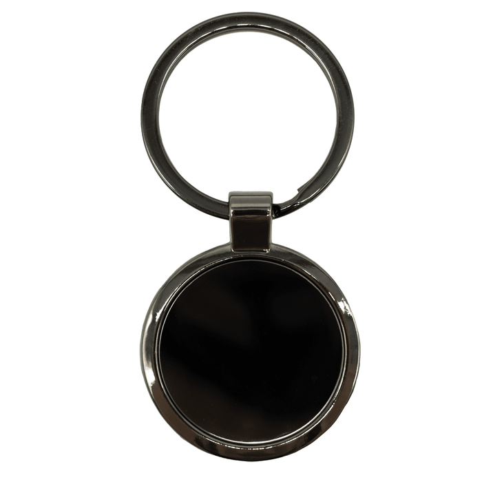Anello Gunmetal Keychain - A gunmetal keychain with a circular pendant and a round keyring attachment. Features a polished finish.