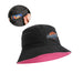 Bucket Hat with Card Pocket - A black bucket hat with a pink brim and a card pocket featuring a logo.