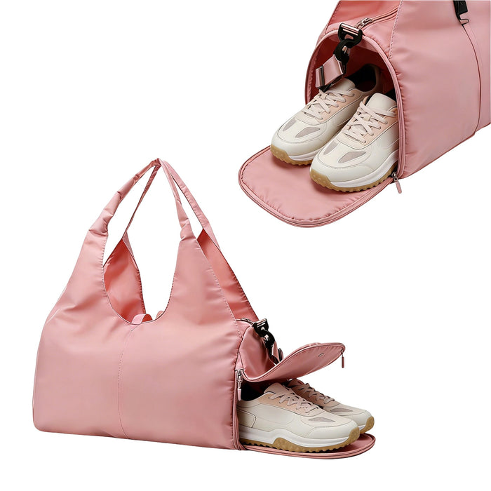 Duffle Bag With Yoga Mat Strap - A pink duffle bag featuring a compartment for shoes, designed with a stylish handle and a zippered opening.
