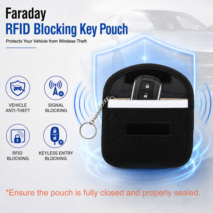 Faraday RFID Blocking Key Pouch - A black RFID blocking key pouch featuring a zipper, keychain, and a clear front pocket for keyless entry fobs.