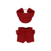 Plush Doll Racing Suit Set (10cm Doll) - A red plush racing suit set for a 10cm doll, featuring a cap and shorts. Includes a logo on the attire.