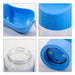 Pet Water Bottle with Food Container - A blue pet water bottle with an attached food container, featuring a logo and a clear reservoir.