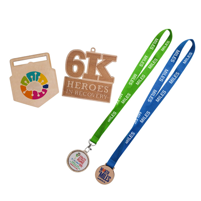 Custom Shaped Wooden Medal with Bamboo Lanyard - Custom shaped wooden medals in natural wood and colourful lanyards, featuring a logo and various designs.