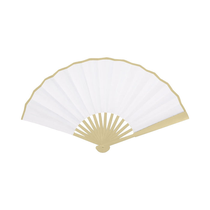 8inch Bamboo Fabric Hand Fan - An 8-inch bamboo fabric hand fan in white with a golden frame and spokes, featuring a logo.