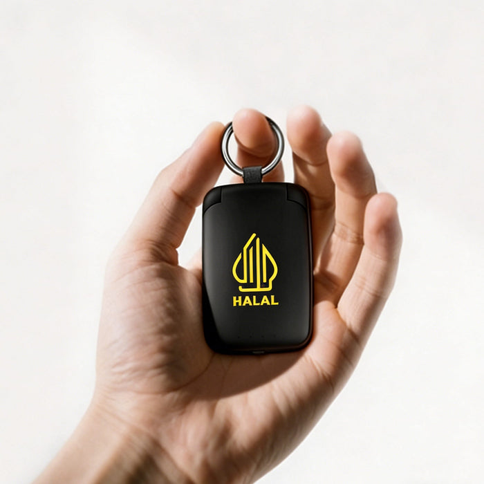 Mini Power Bank with Flashlight - A black mini power bank with flashlight features a keyring attachment and a logo on the front.