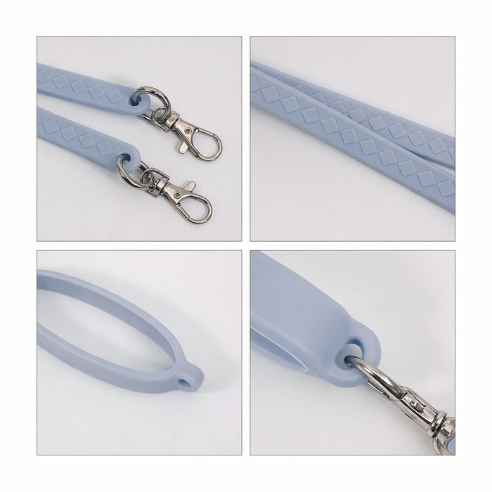 Silicone Cup Carry Strap - A drink bottle strap featuring a light blue silicone design with metal clips and textured grip.