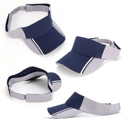 Mesh Knit Visor - A navy and grey mesh knit visor featuring a logo, designed for headwear and sun protection.