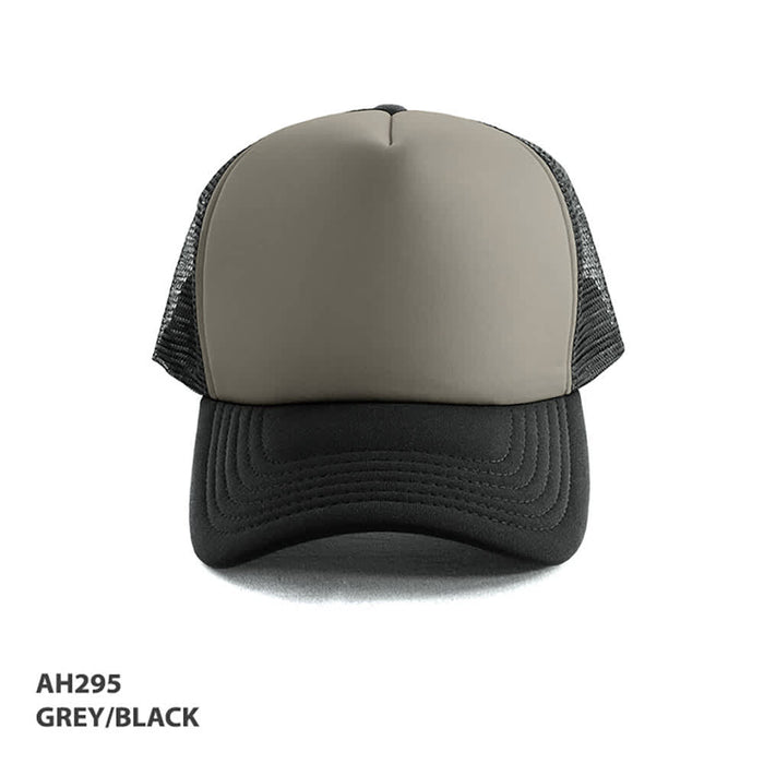 Polymesh Trucker Cap - A grey and black Polymesh trucker cap featuring a structured front and mesh sides, with a logo on the front.