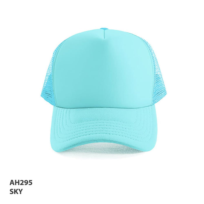 Polymesh Trucker Cap - A sky blue Polymesh Trucker Cap with a mesh back and a solid front panel, featuring a logo.