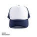 Polymesh Trucker Cap - A Polymesh Trucker Cap in white and navy, featuring a solid front panel and mesh sides. Includes a branding logo.