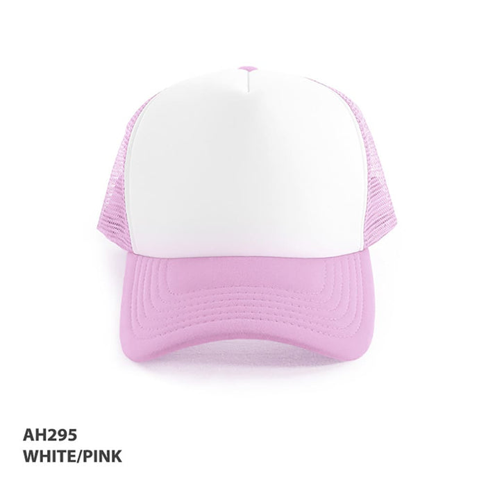 Polymesh Trucker Cap - A pink and white Polymesh Trucker Cap with a solid front panel and mesh sides, featuring a logo.