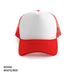 Polymesh Trucker Cap - A red and white Polymesh Trucker Cap with a solid front and mesh sides, featuring a logo.