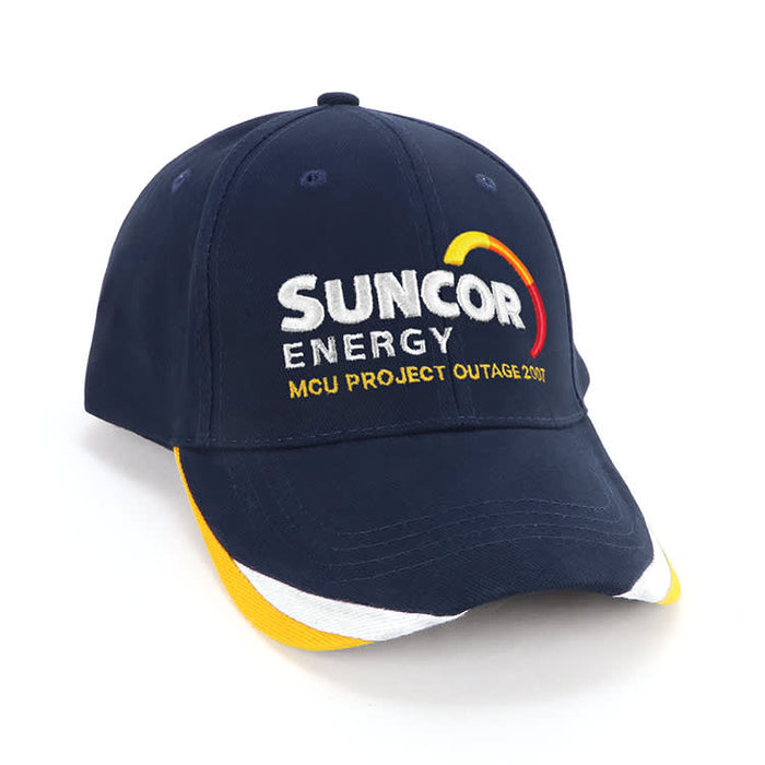 Bondi 3 Tone Peak Design Cap - A navy blue cap with a multicoloured peak and a logo featuring text and design elements.