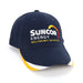 Bondi 3 Tone Peak Design Cap - A navy blue cap with a multicoloured peak and a logo featuring text and design elements.
