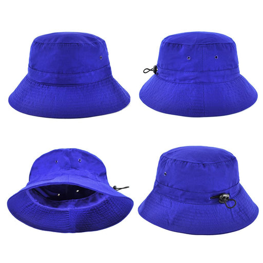 Polyviscose School Bckt - A vibrant blue polyviscose bucket hat featuring multiple angles and a drawstring for adjustment, with a logo present.