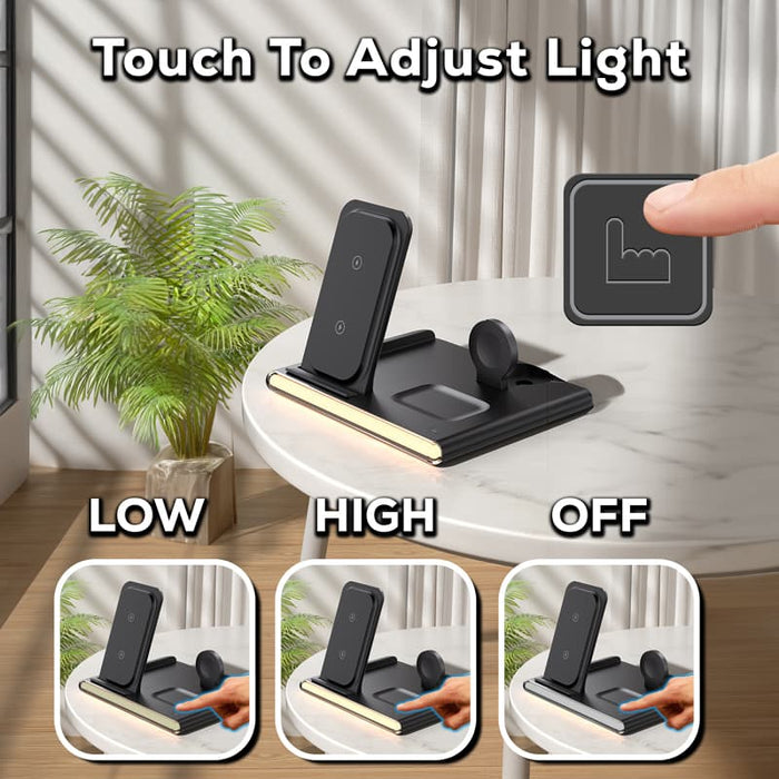 Haines 15W 3n1 Magnetic Wireless Charger & USB Adaptor - A black wireless charger and USB adaptor on a table with adjustable light settings. Features a logo.