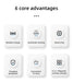 Haines 15W 3n1 Magnetic Wireless Charger & USB Adaptor - A series of icons highlighting six advantages of a product, including wireless charge and automatic sensing features.