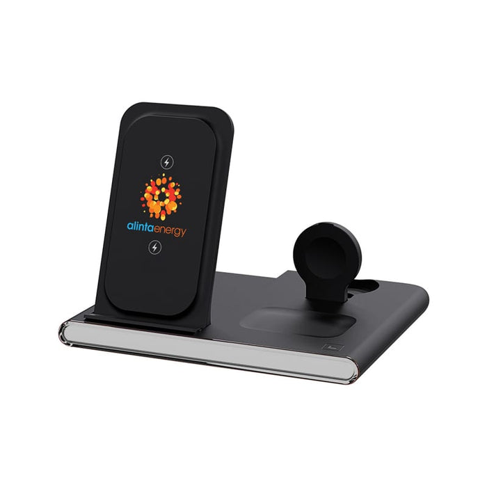 Haines 15W 3n1 Magnetic Wireless Charger & USB Adaptor - A black magnetic wireless charger with a USB adaptor, featuring a branding logo and a sleek design.