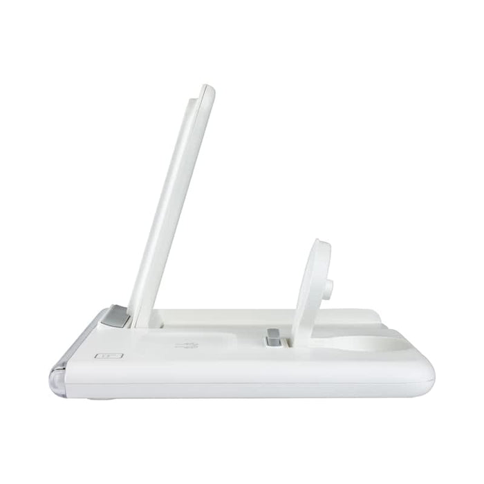 Haines 15W 3n1 Magnetic Wireless Charger & USB Adaptor - A white Haines 15W 3n1 magnetic wireless charger and USB adaptor with a sleek design and an angled charging stand.