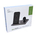 Haines 15W 3n1 Magnetic Wireless Charger & USB Adaptor - A wireless charging station featuring a sleek black design, with three charging areas and a logo on the packaging.