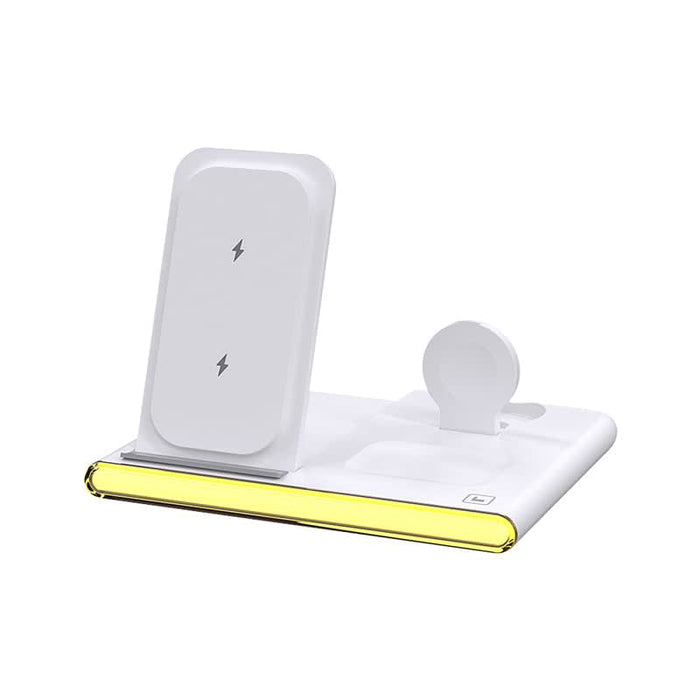 Haines 15W 3n1 Magnetic Wireless Charger & USB Adaptor - A white magnetic wireless charger with a USB adaptor, featuring a sleek design and yellow accent along the base.