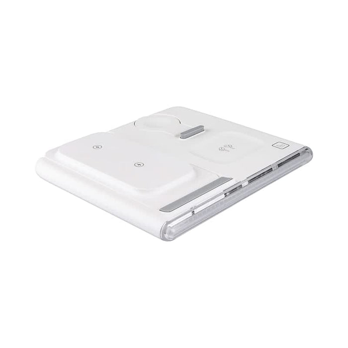 Haines 15W 3n1 Magnetic Wireless Charger & USB Adaptor - A white magnetic wireless charger and USB adaptor with multiple charging surfaces and a sleek design.