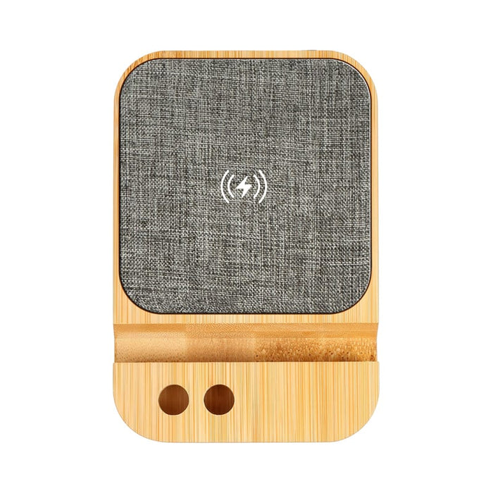 Apollo Eco 15W Wireless Charger Cable Kit - A wireless charger featuring a bamboo base and grey fabric surface, designed for eco-friendly charging.