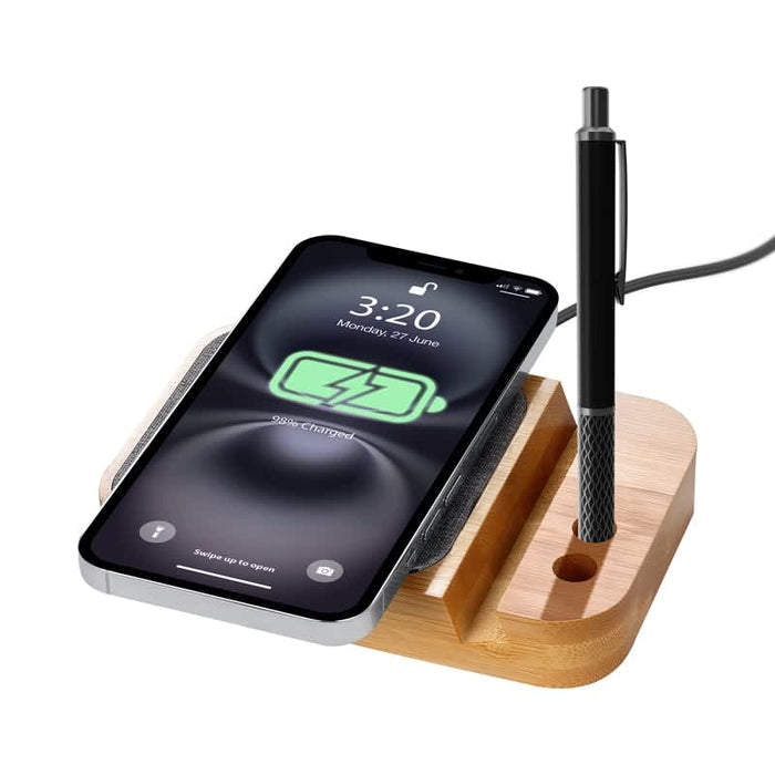 Apollo Eco 15W Wireless Charger Cable Kit - A wireless charger with a bamboo base, featuring a smartphone displaying a charging icon and a pen holder.