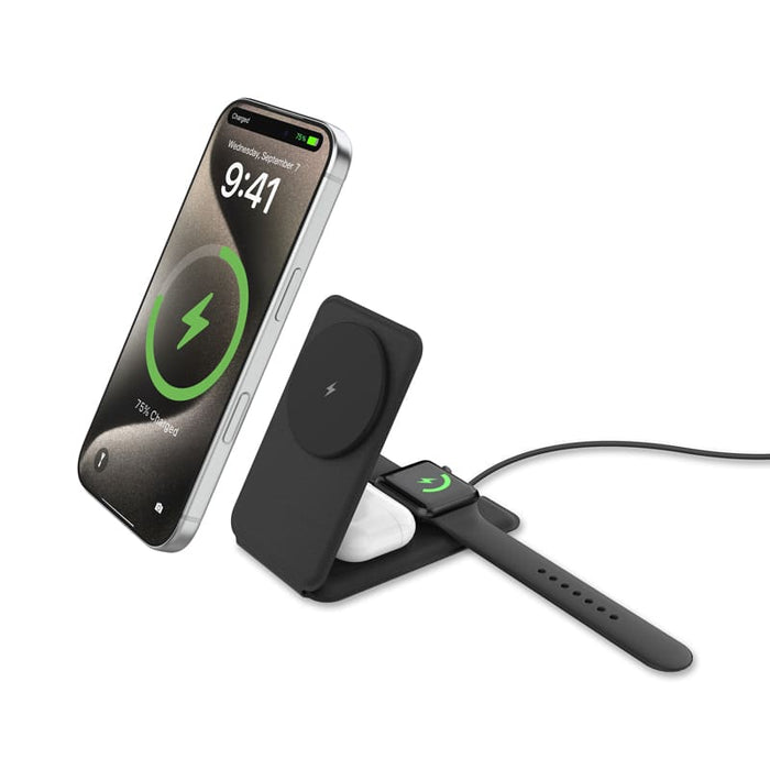 Sherry 15W Foldable 3-in-1 Magnetic Wireless Charger - A black foldable 3-in-1 magnetic wireless charger with a phone, earbuds, and a smartwatch on it. It features a logo.