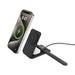 Sherry 15W Foldable 3-in-1 Magnetic Wireless Charger - A black foldable 3-in-1 magnetic wireless charger with a phone, earbuds, and a smartwatch on it. It features a logo.